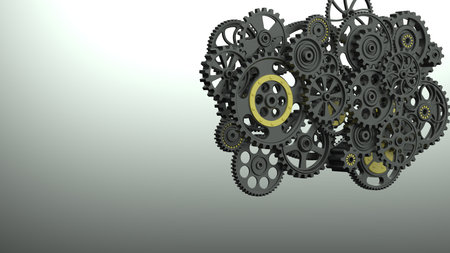 Mechanism black gears and cogs at work on spot light background. Industrial machinery. 3D...
