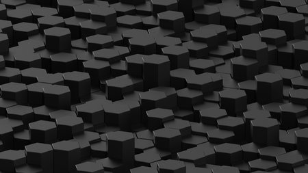 Abstract background with waves made of blue-green gradation futuristic honeycomb mosaic hexagon geometry primitive forms that goes up and down under white background. 3D illustratiの写真素材