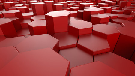 Abstract background with waves made of blue-green gradation futuristic honeycomb mosaic hexagon geometry primitive forms that goes up and down under white background. 3D illustratiの写真素材