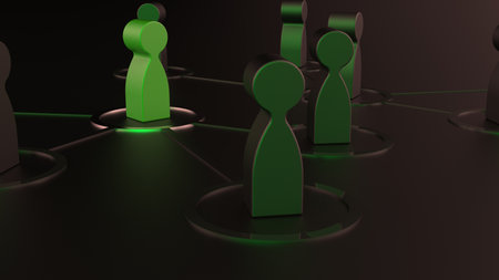 Chain of silver human figurines connected by black lines under blue-yellow lighting. Cooperation and interaction between people and employees. Dissemination of information in socieの写真素材