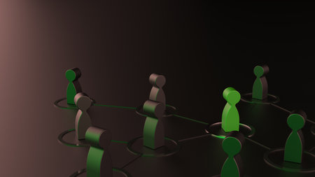 Chain of silver human figurines connected by black lines under blue-yellow lighting. Cooperation and interaction between people and employees. Dissemination of information in socieの写真素材