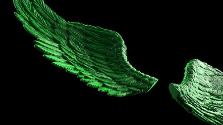 Red-white wings under black-white lighting background. Concept image of free activity, decision without regret and strategic action. 3D CG. 3D illustration.の写真素材