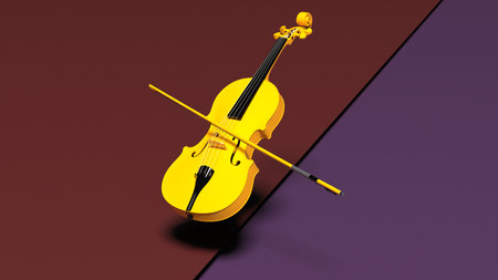 Yellow-Gold classic violin on purple-deep red plane under spot lighting background. 3D sketch design and illustration. 3D high quality rendering.の写真素材