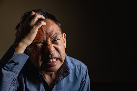 Middle-aged Japanese man in gray casual Y-shirt on dark background. Conceptual image of world peace,...