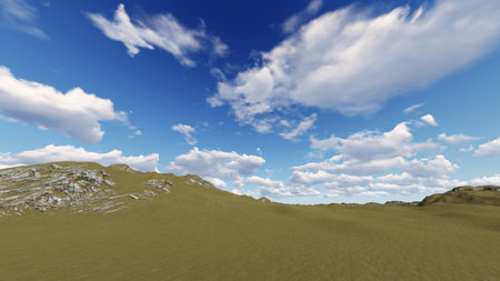 Green grass hill field under blue sky. 3D illustration. 3D rendering.の写真素材
