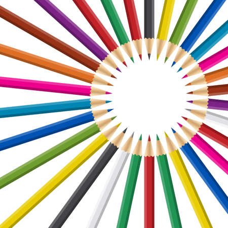 Circle of rainbow colored pencils on white background. のイラスト素材