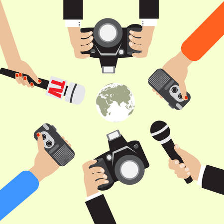 vector live report concept, live news, hands of journalists with microphones and tape recordersのイラスト素材