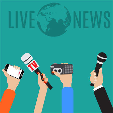 Journalism concept vector illustration in flat style.Vector live report concept, live news, hands of journalists with microphones, smartphone and tape recorders.のイラスト素材