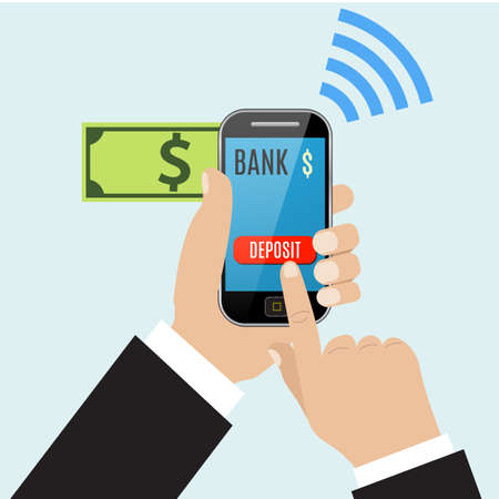 Hand of business man touching deposit button of mobile banking application on the smartphone screenのイラスト素材