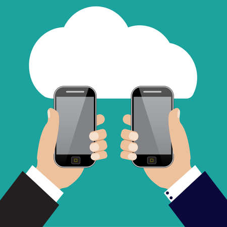 Two businessmen exchange information. Mobile phone transferring data from cloud.のイラスト素材