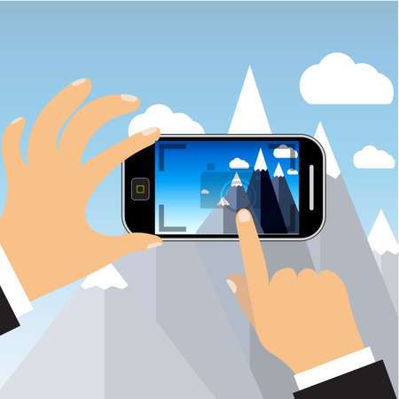 Vector mobile phone with touchscreen - man taking photograph with digital device - flat iconのイラスト素材