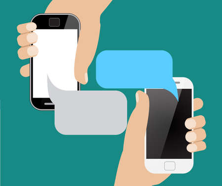 Hands holing smartphone with blank speech bubble for text. Using smart phone similar to iphon for text messaging. Eps 10 flat design concept.のイラスト素材