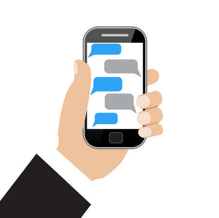 Hand holing black smartphone  with blank speech bubbles for text. Text messaging flat design concept.  vector illustrationのイラスト素材