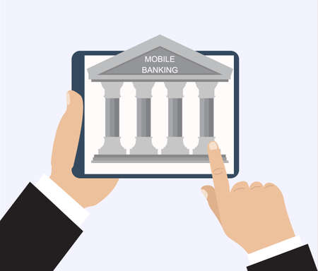Vector flat illustration for your design. Online banking concept. Illustration of modern tablet PC with banking house on the screen.のイラスト素材