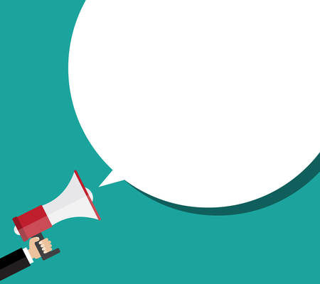 Hand holding megaphone with bubble speech. Flat design  business illustration concept