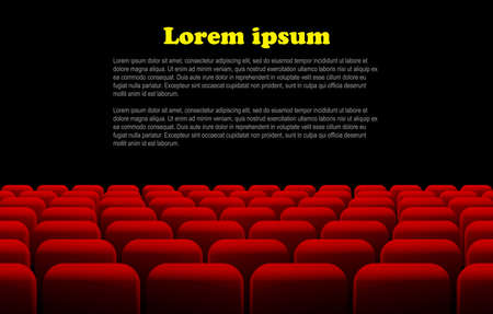 Rows of red cinema or theater seats in front of black screen with sample text space.のイラスト素材