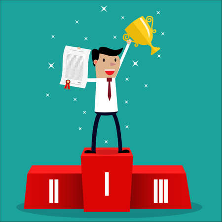 Businessman winner standing in first place on a podium holding up an award certificate and trophy as he celebrates his victory vector illustrationのイラスト素材