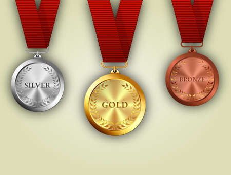 Set of gold, silver and bronze medals on red ribbon with relief detail of laurel wreath. vector illustrationのイラスト素材