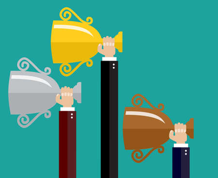 Hands holding winner's trophy gold, silver, bronze awardのイラスト素材
