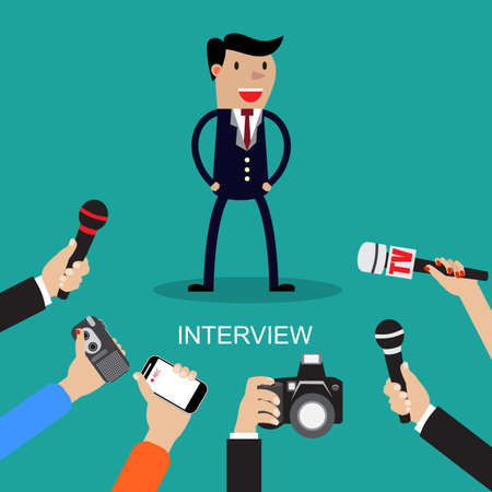Media conducting a press interview with a businessman answering questions  to a row of hands holding microphones vector illustrationのイラスト素材