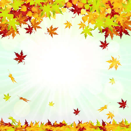 Autumn Frame With Falling Leaves on Sky Background. Elegant Design with Rays of Sun  Vector Illustration.のイラスト素材