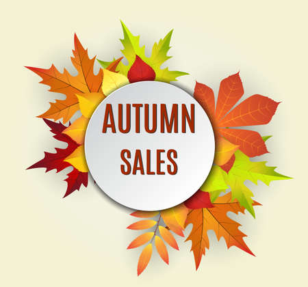 Autumn sale, price tag label, banner advertising vector illustration with colorful autumn leaves.  vector illustrationのイラスト素材