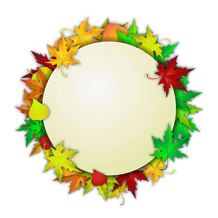Autumn card, banner advertising vector illustration with colorful autumn leaves and white banner for your design.のイラスト素材
