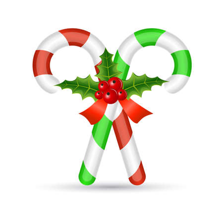 Christmas candy cane with red ribbon and  holly , vector illustrationのイラスト素材