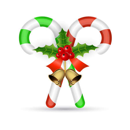 Christmas candy cane with red ribbon, holly and christmas bell, vector illustrationのイラスト素材