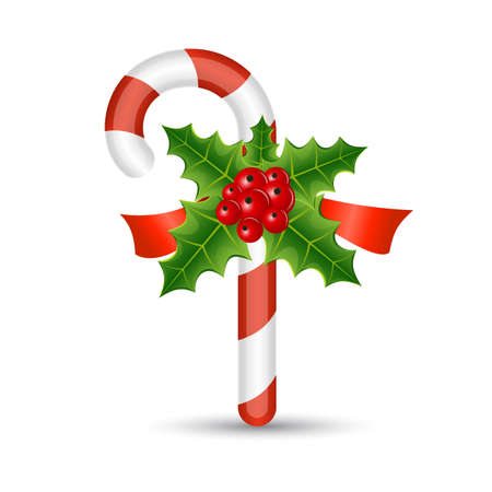 Christmas candy cane with red ribbon and holly, vector illustrationのイラスト素材