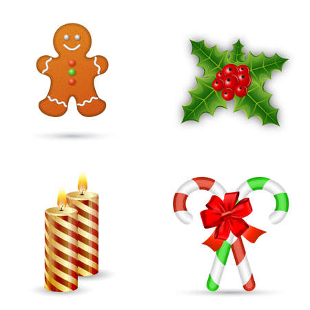 Merry Christmas design elements, vector illustration.  Christmas icons set. Christmas candy cane with red bow. Gingerbread man. Christmas  candle, Christmas   holly.のイラスト素材