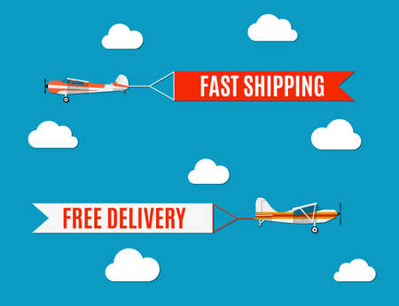 Vector modern flat concept design on flying advertising banners pulled by light planeのイラスト素材