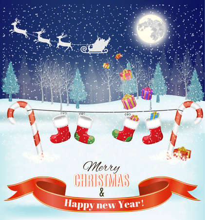 silhouette Santa Claus sleigh with reindeer fly over the forest and throws gifts .Moon sky background . Christmas card,invitation,background,design template.のイラスト素材