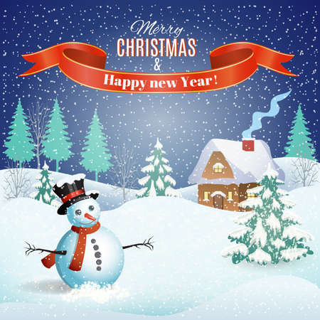 New year and Christmas winter landscape background with snowman. Vector illustrationのイラスト素材