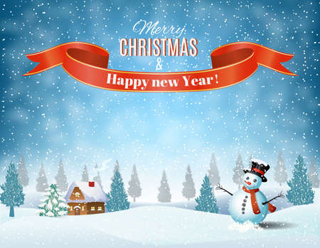 New year and Christmas winter landscape background with snowman. Vector illustrationのイラスト素材