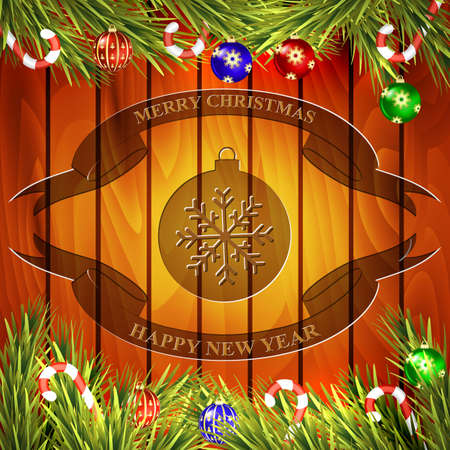 Merry christmas and happy new year background.  Vector illustration. Wood texture, fir branch and candy caneのイラスト素材