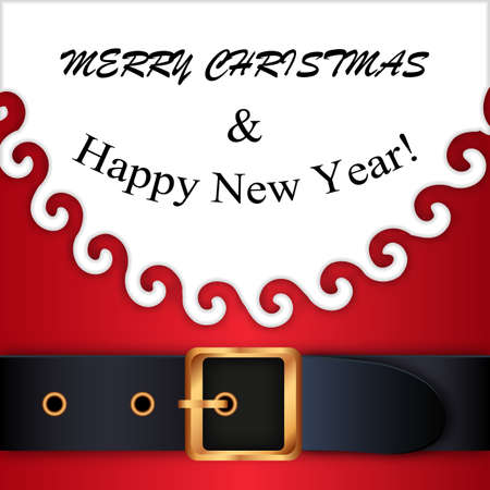 Merry Christmas background. Red Santa Claus suit, leather belt with gold buckle, white beard, concept for greeting or postal card, vector illustrationのイラスト素材