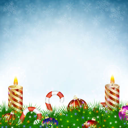 Two burning Christmas candles with Christmas balls, candy canes and pine branches in snowfall on blue backgroundのイラスト素材
