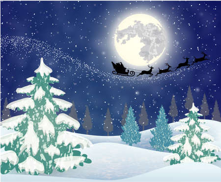 background of night sky with a bright moon and the silhouette of Santa Claus flying on a sleigh pulled by reindeer. concept for greeting or postal card, vector illustrationのイラスト素材