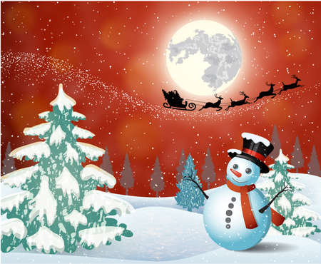 Cute snowman on the background of night sky with a bright moon and the silhouette of Santa Claus flying on a sleigh pulled by reindeer. concept for greeting or postal card, vector illustrationのイラスト素材
