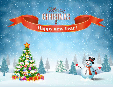 New year and Christmas winter landscape background with snowman and christmas tree, giftbox. Vector illustration