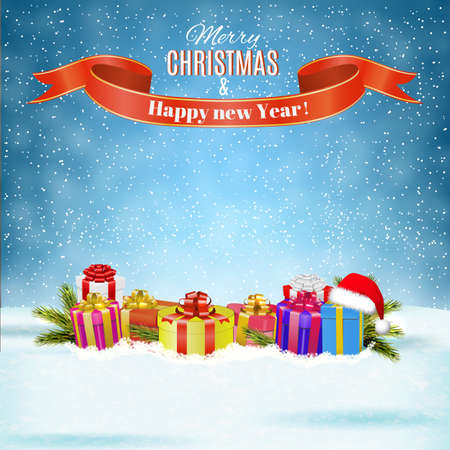 New year and  Merry Christmas Winter background with presents and giftbox. Vector illustrationのイラスト素材