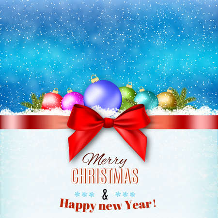 New year and  Merry Christmas card with a ribbon and ball and bow. Vector illustration. concept for greeting or postal cardのイラスト素材