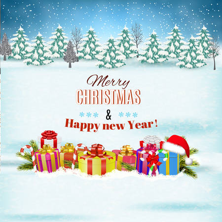 Merry Christmas and  new year background with a gift boxes and candy cane. Vector.のイラスト素材