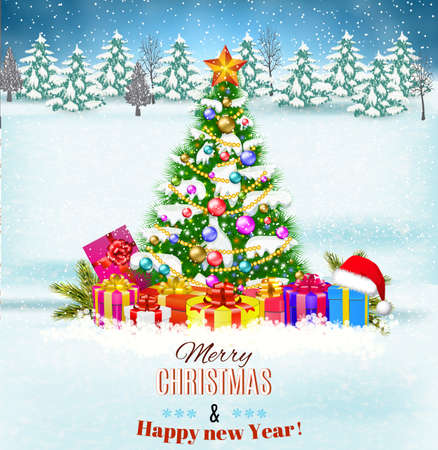 Merry Christmas and  new year background with christmas tree and gift boxes. Vector illustration. concept for greeting or postal cardのイラスト素材