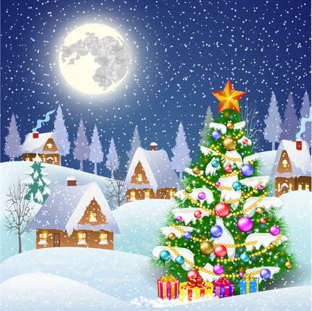 New year and Christmas winter landscape background with christmas tree and giftbox. Vector illustrationのイラスト素材