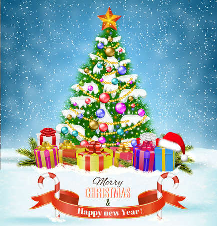 New year and  Merry Christmas Winter background with christmas tree, presents and giftbox. Vector illustration. concept for greeting or postal card.のイラスト素材