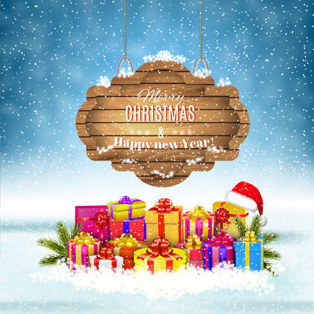 New year and  Merry Christmas Winter background with presents and giftbox and  wooden ornate . Vector illustration,  concept for greeting or postal cardのイラスト素材