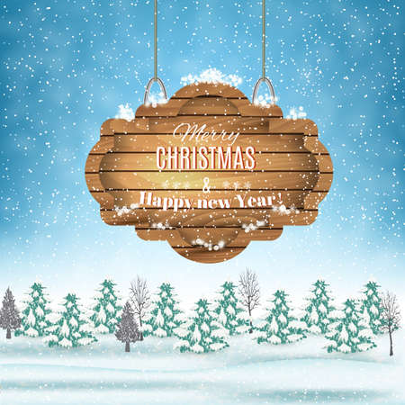 New year and  Merry Christmas Winter landscape with  wooden ornate . Vector illustration.  concept for greeting or postal cardのイラスト素材