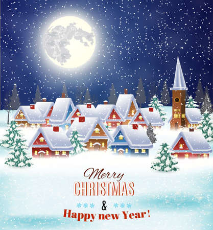 New year and Christmas winter village  night landscape background. Vector illustration. concept for greeting or postal card